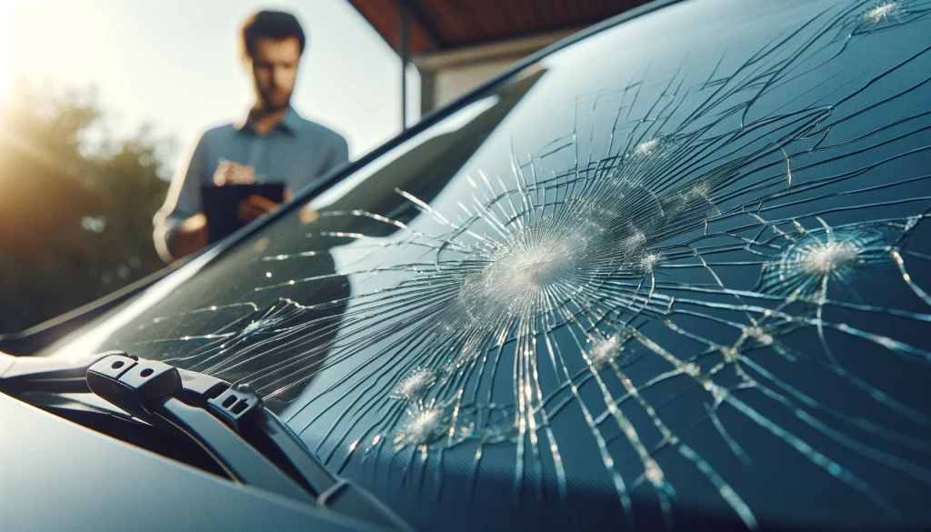 Close-up of a cracked and chipped car windshield with a concerned owner in the background.